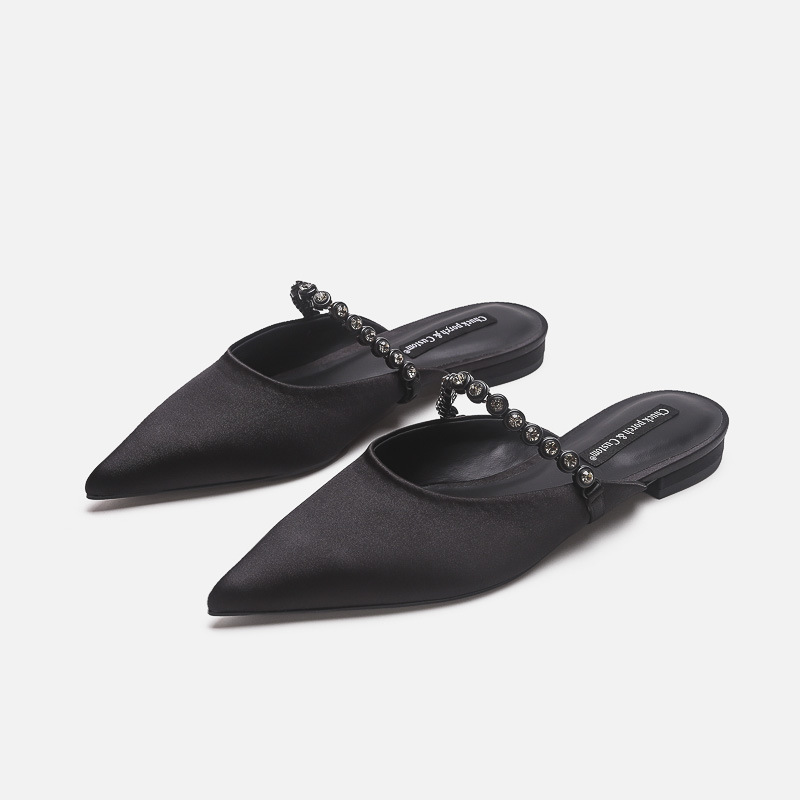 Silver Gemstone Chain Pointed Toe Mules For Women Elegant Flats_voghion.com