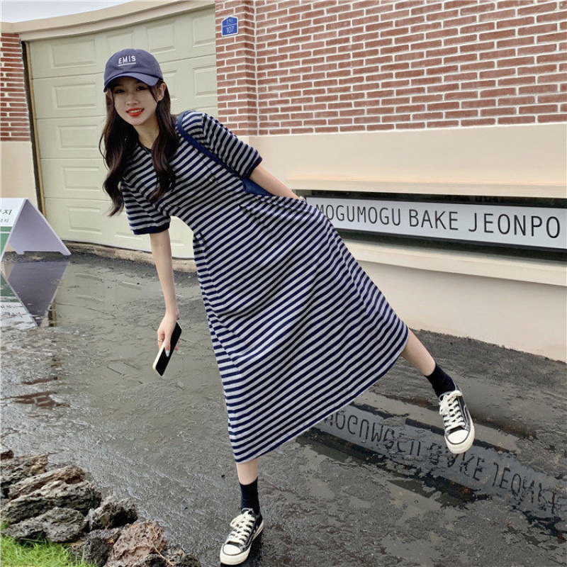 女性用ピュアコットンストライプドレス、夏カジュアル、ゆったり大きいサイズ、お腹カバー、膝上ウエスト痩身、ロングTシャツドレス|undefined