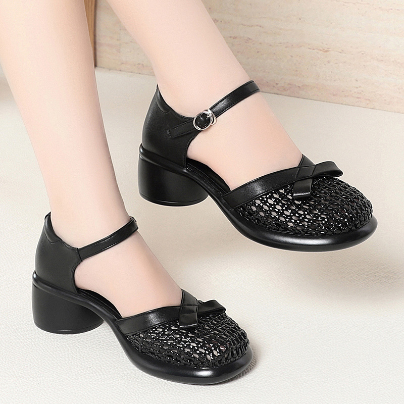 Sandal hở mũi nữ quai ngang da thật đế dày — màu be