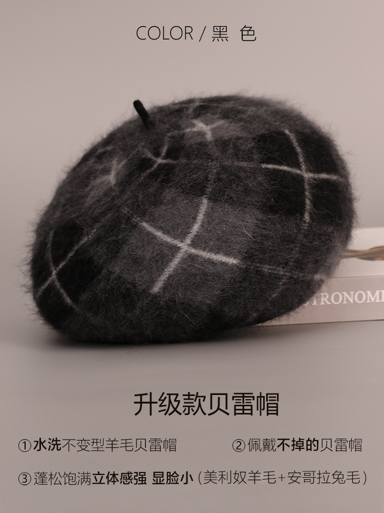 Mũ nồi nữ thu đông kiểu bí ngô, lông thỏ giả, bảo vệ tai, co giãn 55–58 cm — Màu đen