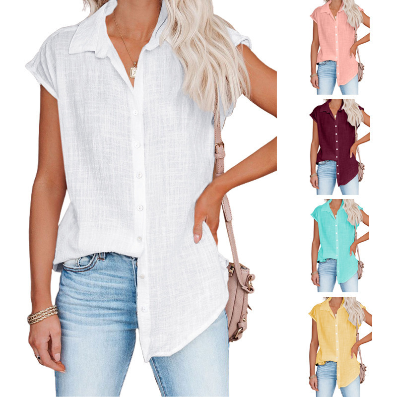 2026 Amazon Solid Color Single-Breasted Shirt for Women, European and American Foreign Trade Women's Short-Sleeve Top, Cotton Linen, Trending Keywords