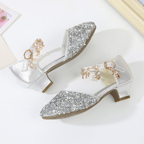 Girls Princess Sandals  Summer New Little Girls High Heels Fashion Hollow Sequin Children's Crystal Leather Shoes