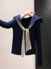 藏青色海军领长袖T恤女2025春春季新款条纹领带拼接体恤显瘦上衣