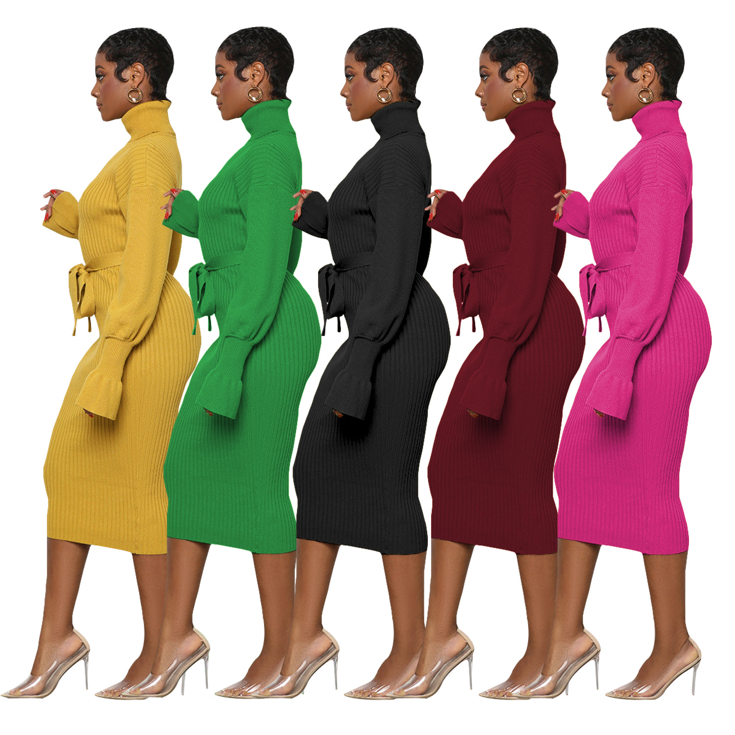 Women's Clothing solid color high collar knitted strap dress_voghion.com