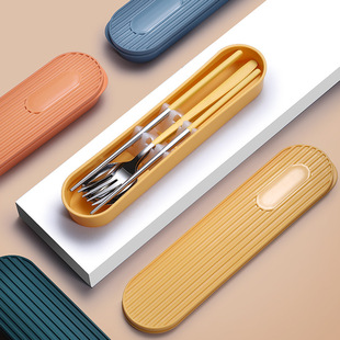 304 portable stainless steel tableware chopsticks spoon set cutlery box three-piece student office worker laser logo