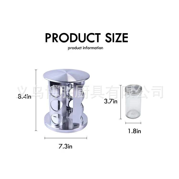 Fábrica directa de acero inoxidable estante de especias botella de vidrio estante de Estaño con 12 tipos de latas de especias giratorio estante de especias