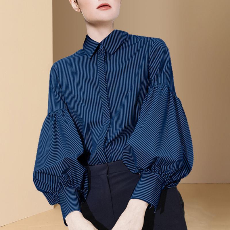 Striped Shirt Women's 2025 Autumn and Winter New French Retro Design Niche Outer Top Lantern Sleeve Shirt
