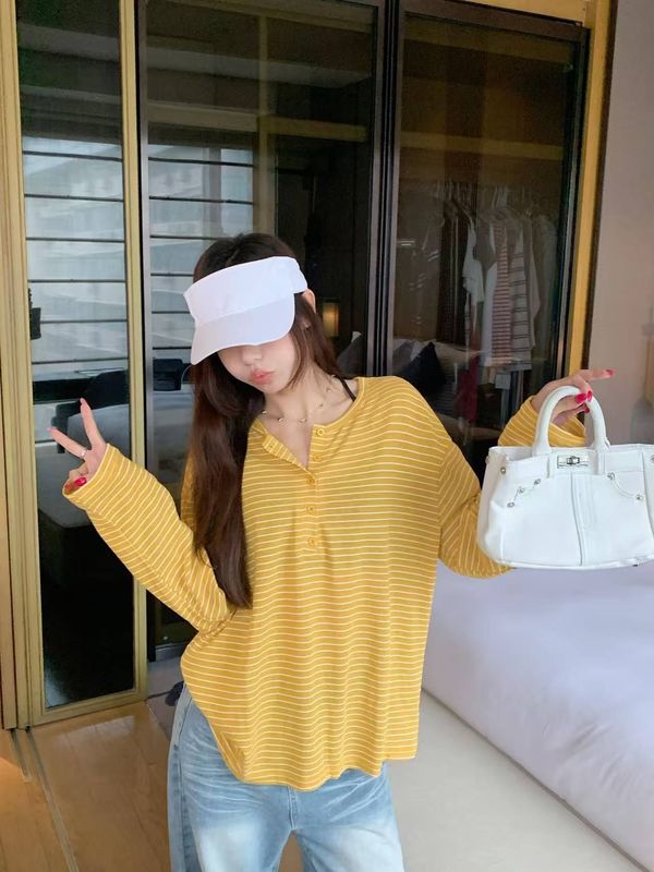 天丝罗纹 韩系穿搭慵懒风撞色条纹长袖防晒罩衫女夏长袖T恤上衣|undefined