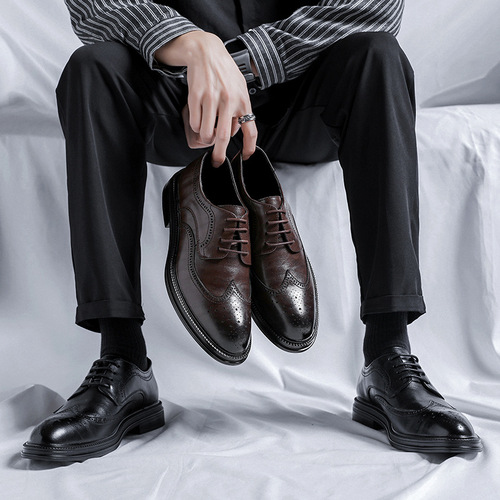  Men's Black Business Formal Leather Shoes Men's Thick Soled Casual British Style Groom's Wedding Shoes 6151-R