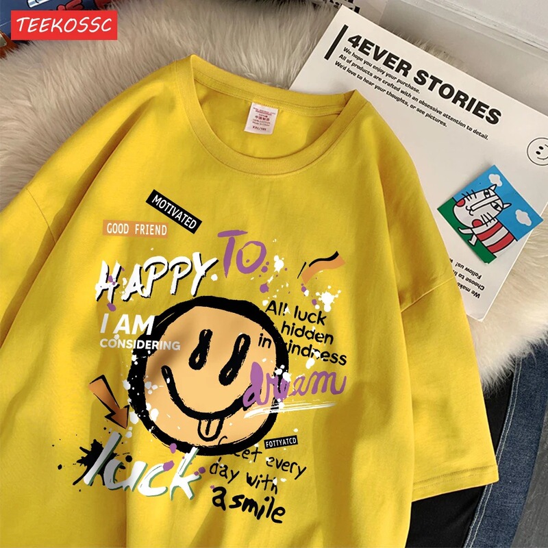 Summer Cotton Women's T-Shirt with Fun Graffiti and Cute Smiley Face Print, Breathable Loose O-Neck Casual Street Style for Women