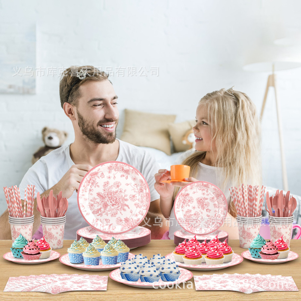 Primavera rosa flor decoración de fiesta fiesta fiesta de cumpleaños bandeja de papel desechable taza de papel toalla de papel juego de vajilla