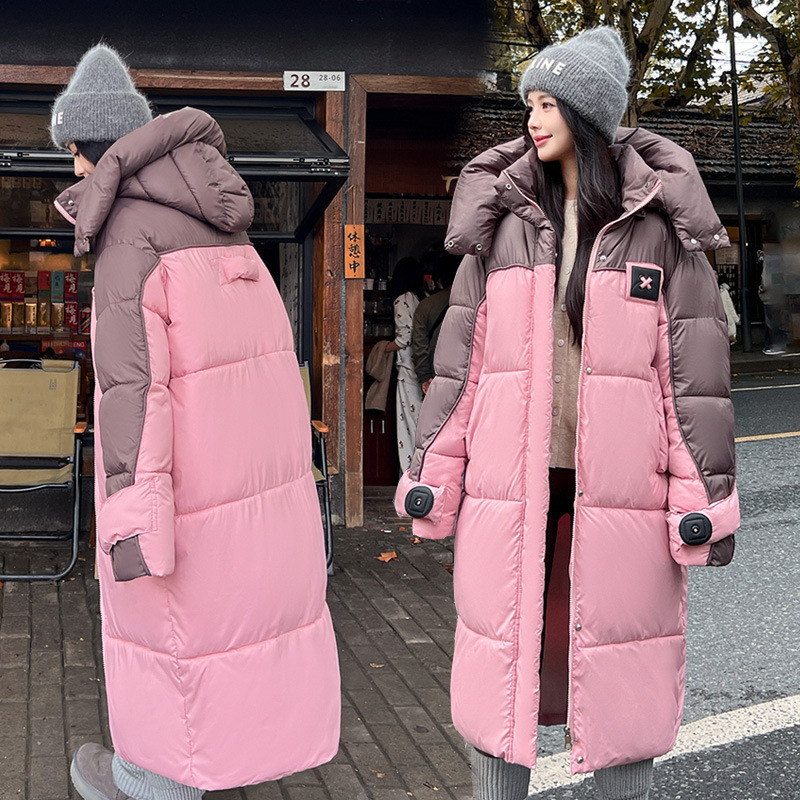 Gran tamaño largo sobre la rodilla ropa de moda de algodón de mujer coreana chaqueta de algodón de color contrastante ropa de algodón con capuchón suelta ropa de pan de mujer chaqueta