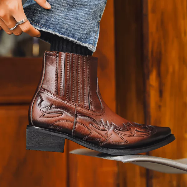 Nansheng 9092 Color-Washed Pointed-Toe High-Heeled Cowboy Boots, European and American Style Unisex Embroidered Mid-Calf Boots, Opp Zipper Bag, No Box