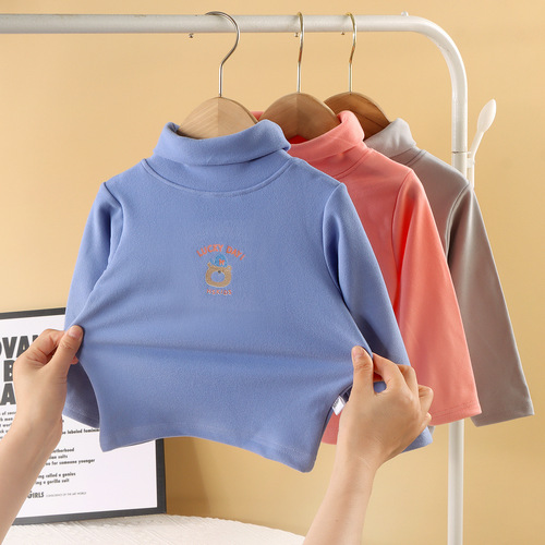 Children's base layer shirt for autumn and winter, warm, suitable for middle and small children, high collar, baby long sleeve, deerskin single top, thick warm.