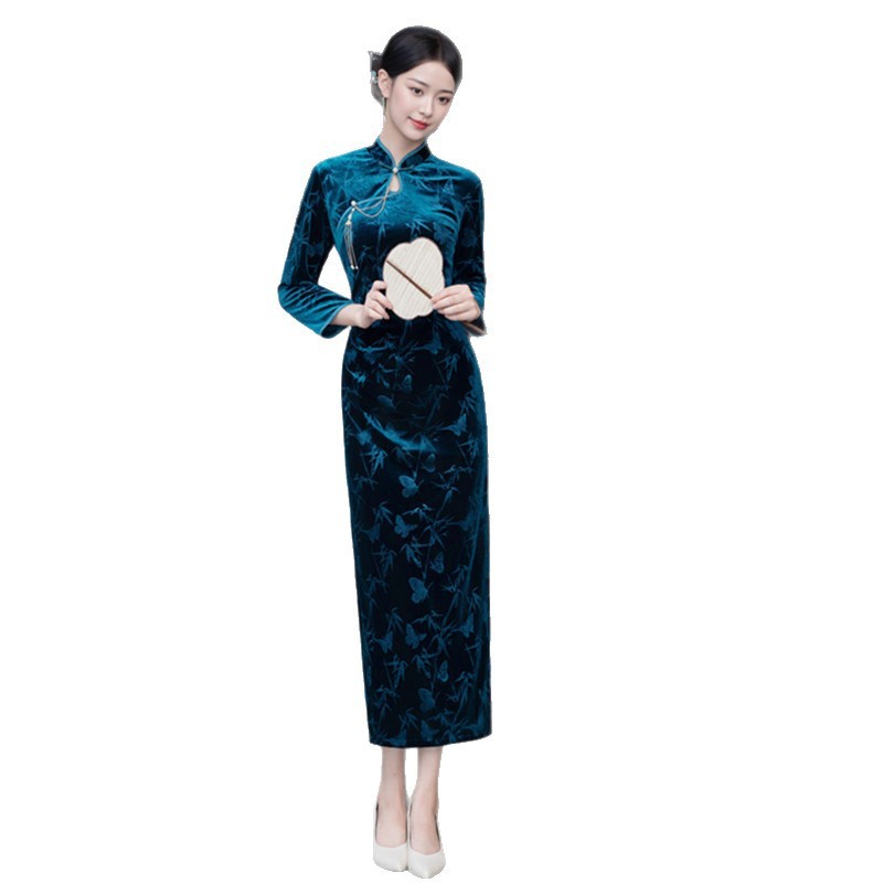 丝绒压花蓝旗袍2025秋季新款时尚改良新中式年轻女士日常可穿旗袍|undefined