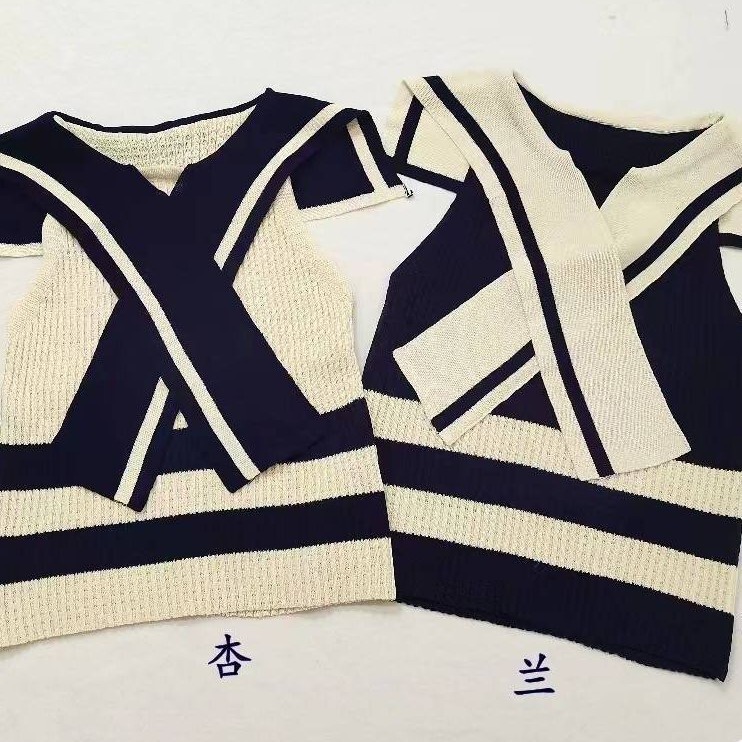 Summer preppy style age-reducing navy collar hollow contrast color knitted vest top high waist matching pleated skirt