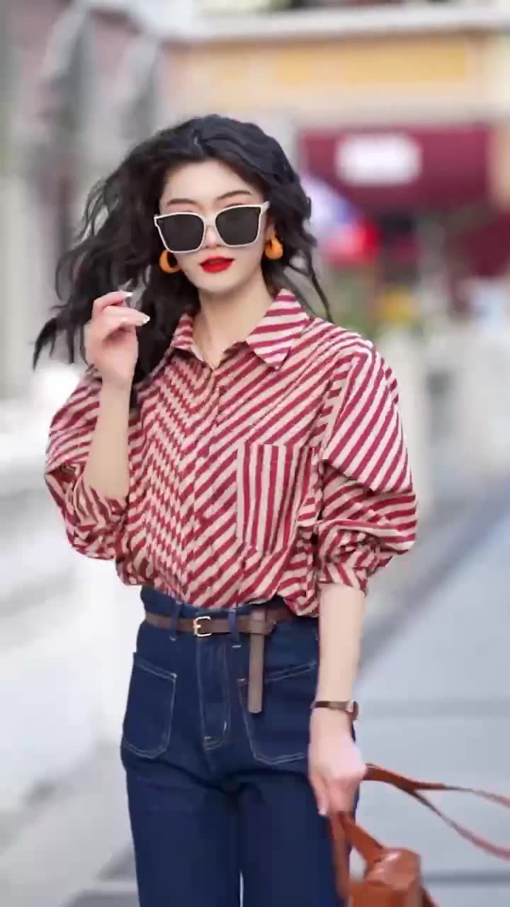 Áo sơ mi nữ sọc kẻ phong cách retro Hồng Kông, tay dài form rộng — màu đỏ cam chi tiết 2