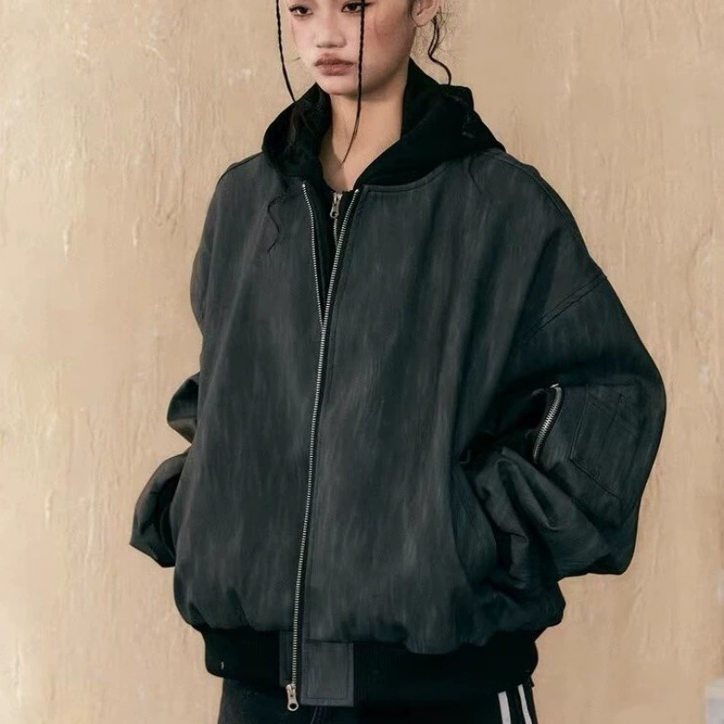Другая марка темно-серая Oversized куртка с капюшоном из PU с молнией - унисекс пальто из полиуретана, универсальный размер