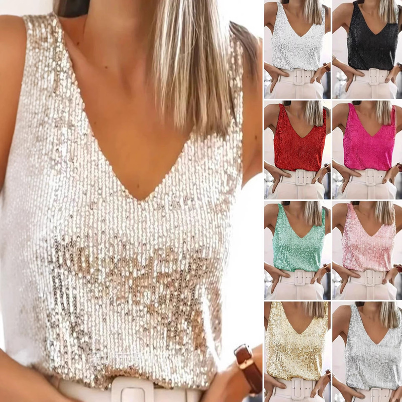 Cross-Border European and American Style Shiny Vest New Women's Sequined Sleeveless Top Amazon V-Neck Sexy Base Shirt Top