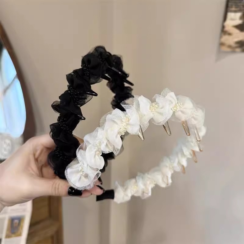 Dulce malla de perlas negras onduladas bandas de cabello para mujeres de alto nivel de sensación de cabello flojo raíz clip de cabello alto cráneo cara pequeña bandas de cabeza