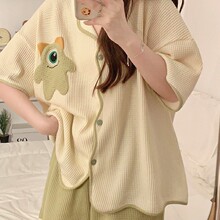 带胸垫大眼怪短袖睡衣女士夏天针织棉可爱家居服两件套装春秋夏季