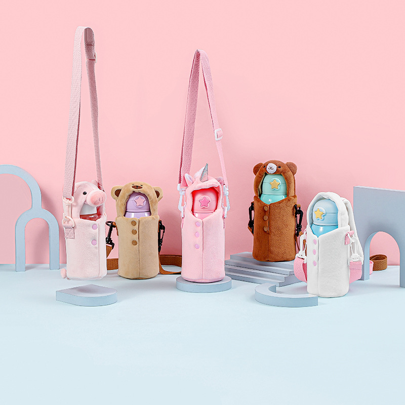Popular Cartoon Animal Plush Rabbit, Bear, Unicorn Crossbody Cup Cover, Universal Cute Cup Cover Series for Thermos Bottles