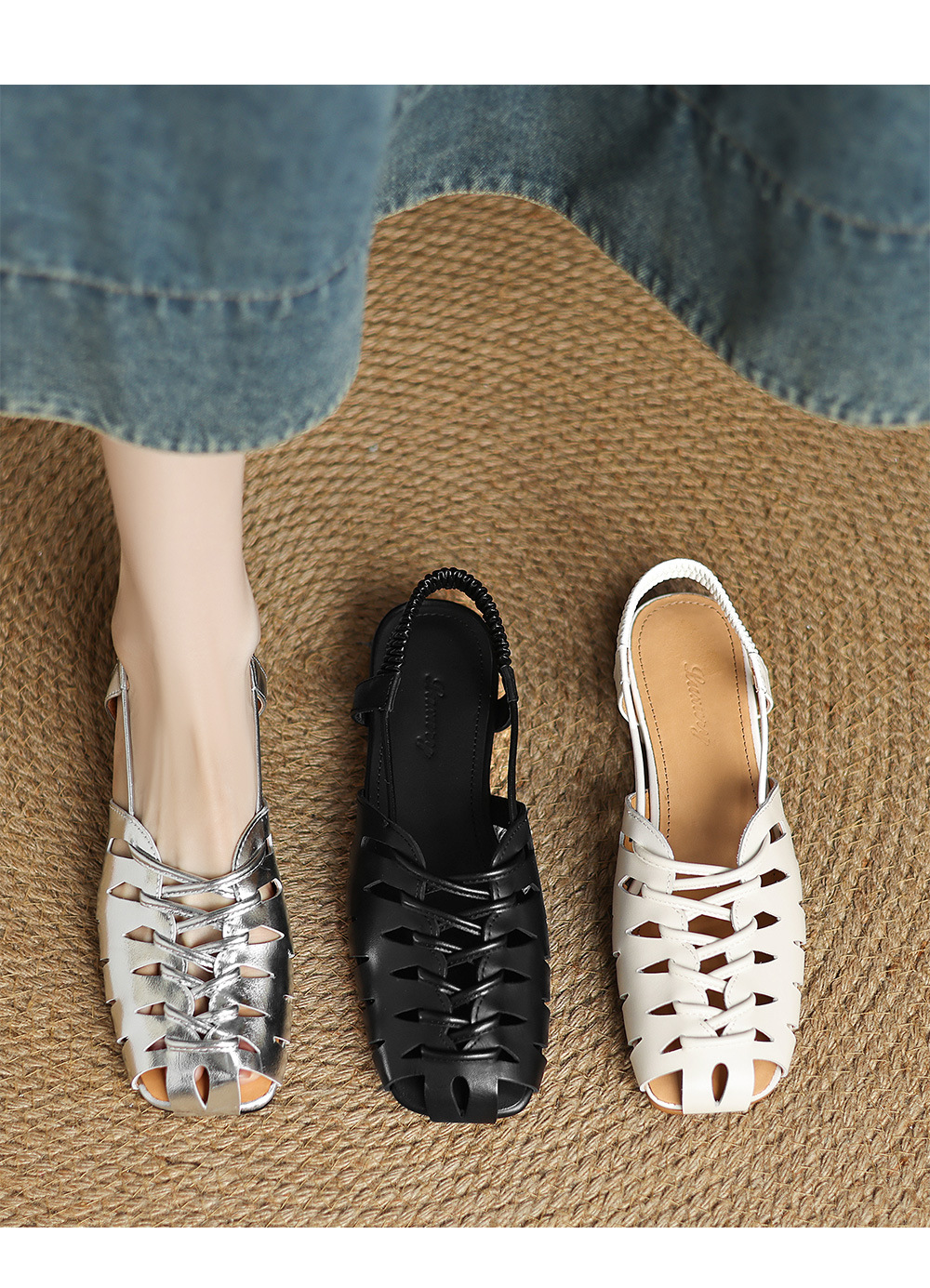 Dép sandal nữ da bò đế bệt dệt rỗng kiểu retro La Mã — đen chi tiết 7