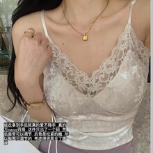 纯欲风辣妹蕾丝拼接法式金丝绒吊带背心女带胸垫美背显瘦打底上衣