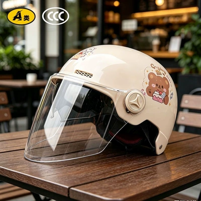 half helmet for electric vehicles and | Motosiklet kaskı (dəbilqə) - glossy-double-mirror-model-khaki-cream-cake-bearsunshade-hidden-inner-mirrorlong-lensapproximately-185cm-in-length