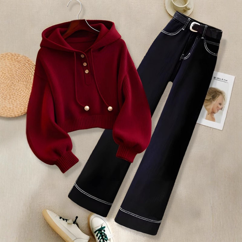 慵懒风洋气时尚洋气百搭女装红色卫衣秋季新款高腰直筒裤子两件套