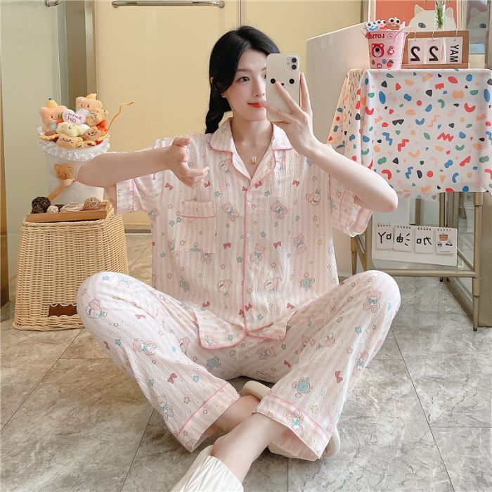 Pijamas transfronterizos al por mayor para mujer nube algodón otoño verano rebeca solapa pantalones de manga corta traje de servicio a domicilio simple y cómodo
