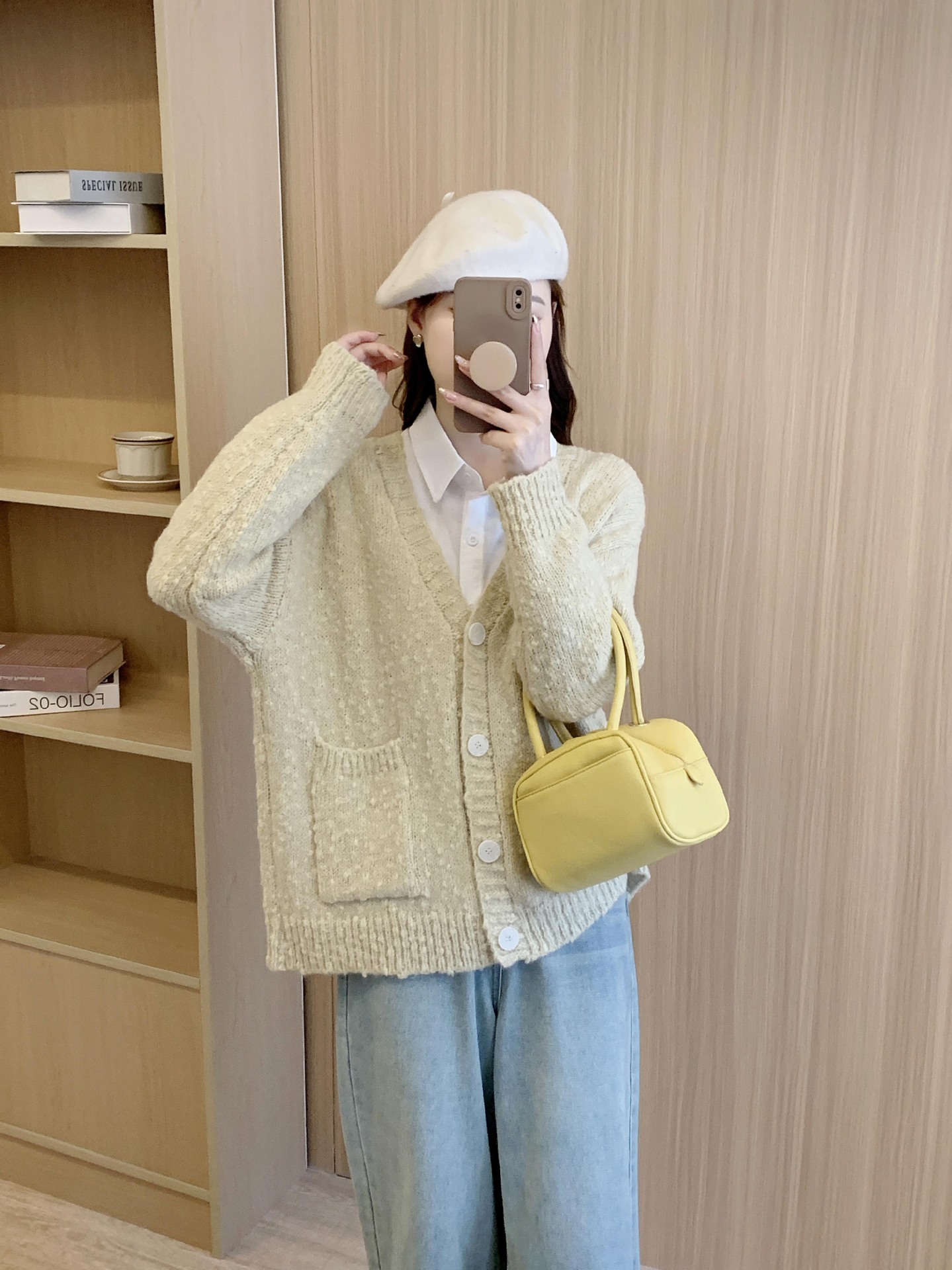 24 invierno Puyuan nuevo estilo relajado perezoso viento de cuello en V de bolsillo de color sólido chaqueta de punto