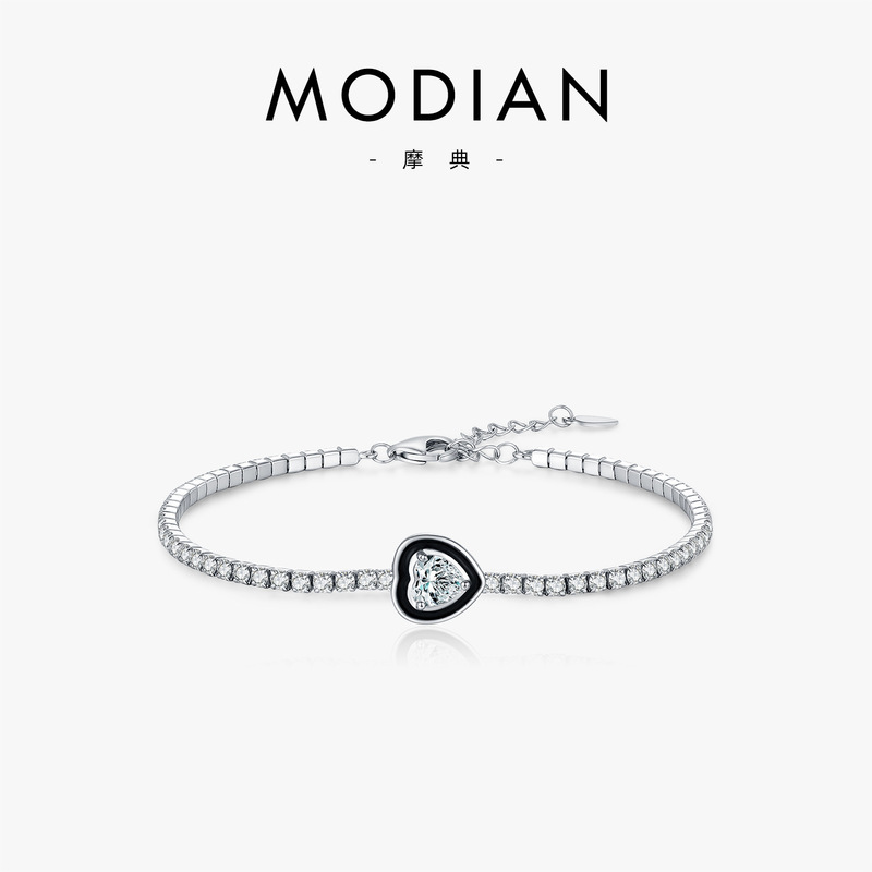 Modian S925 Sterling Silver Accessible Luxury Flash Diamond Tennis Bracelet Women's Niche Design Black Enamel Heart Bracelet