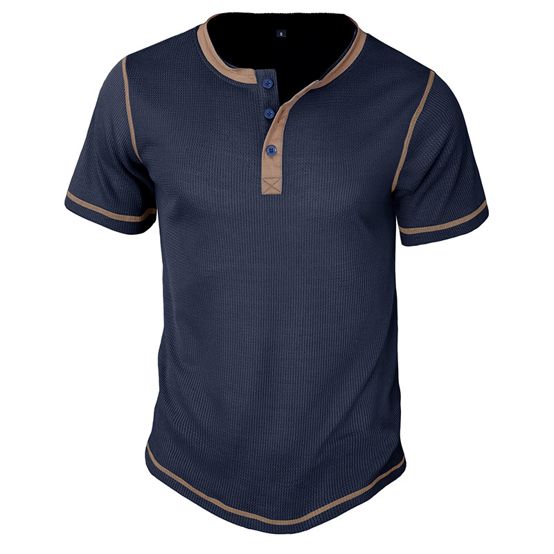 Herren 2023 Sommer Kurzarm Henley Shirt Schönes lässiges Retro T-Shirt Waffel Farbblock Rundhalsshirt_voghion.com