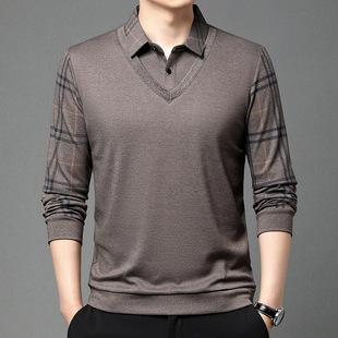 Men's new spring and autumn long-sleeved fake two-piece Men's lapel business Youth loose plus size T-shirt dad wear