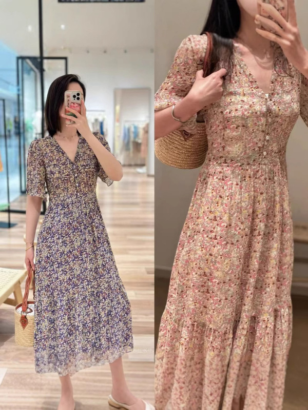 Windsor Manor Rose Print V Neck Rayon Georgette Floral Dress 2025 Summer New French Style Long Dress