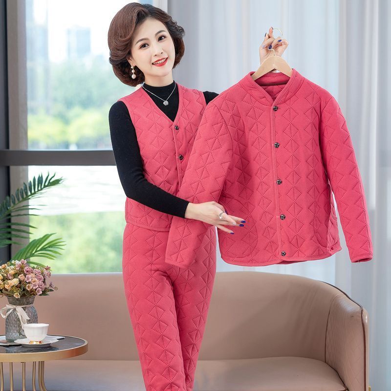 三件套保暖套装中年女装冬季新款蚕丝棉外穿高档棉服妈妈装两件套|undefined