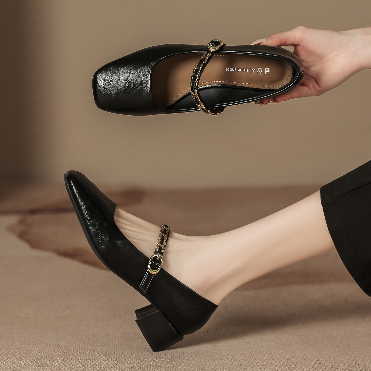 New Autumn And Winter High-heeled Shoes, Soft Leather, French Retro Style, Metal Strap Mary Jane, Chunky Heel, Square_vogvips.com