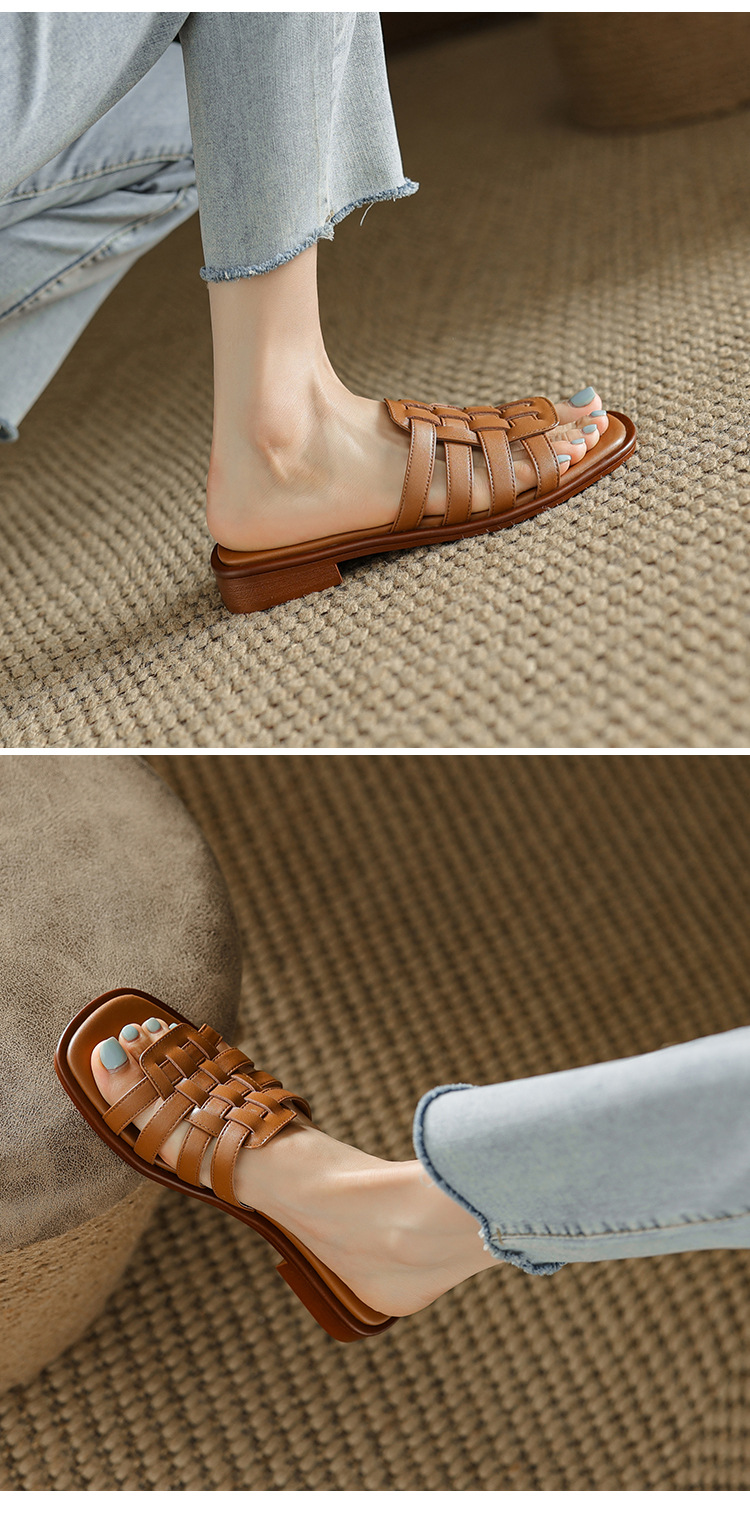 Dép sandal nữ xỏ ngón bện da bò lớp đầu đế bệt — Màu nâu chi tiết 14