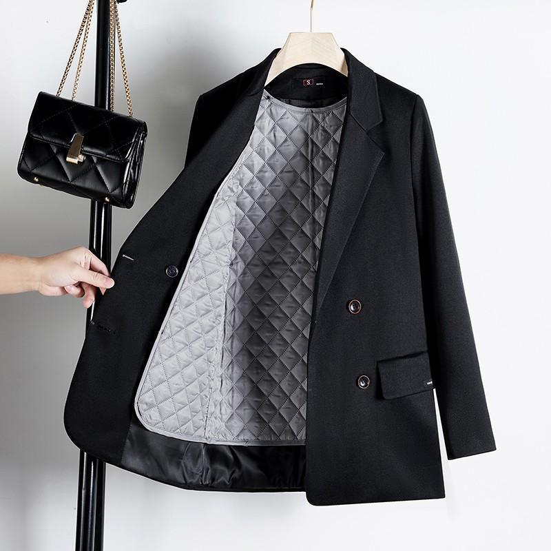 Black Quilted Blazer for Women Winter Thickeneded 2023 Autumn and Winter New Business Wear Plus Cotton Woolen Small Suit Winter