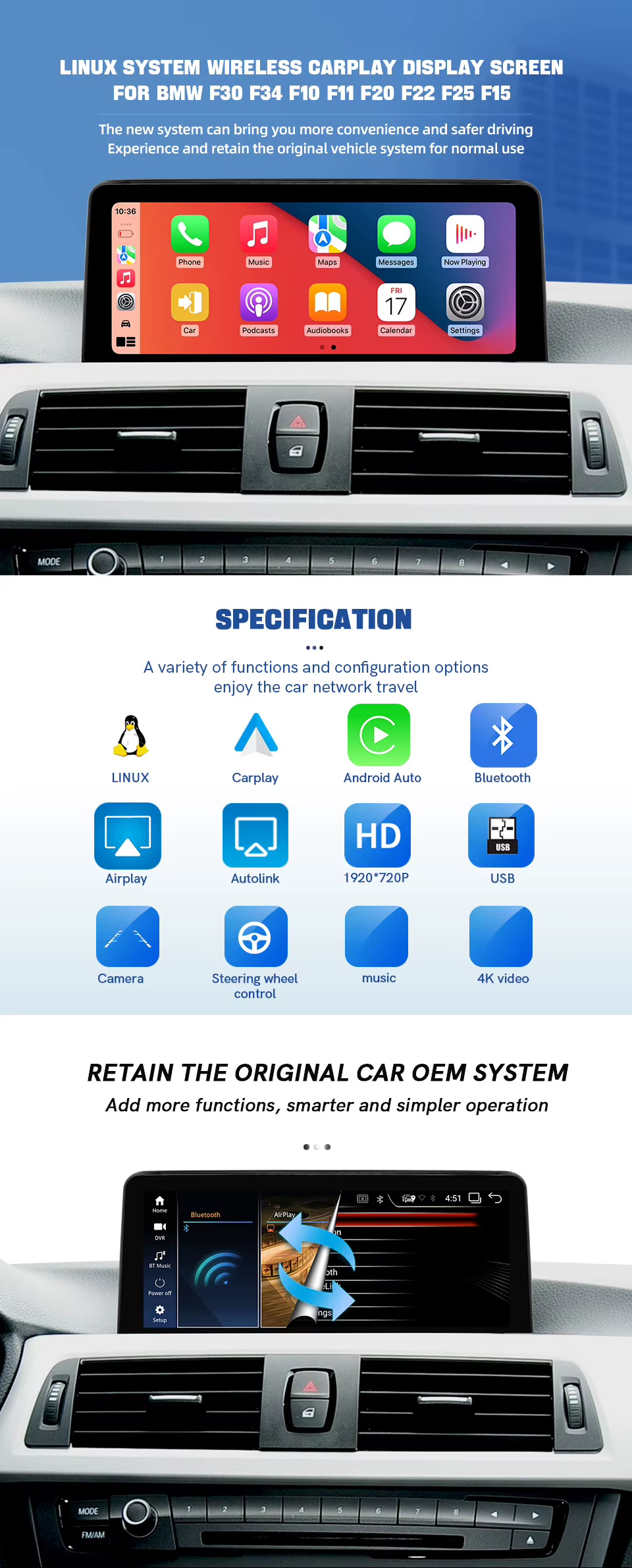 Suitable for BMW 3 Series 4 Series F30 F34 2013 - 2017 NBT car central control display navigation system