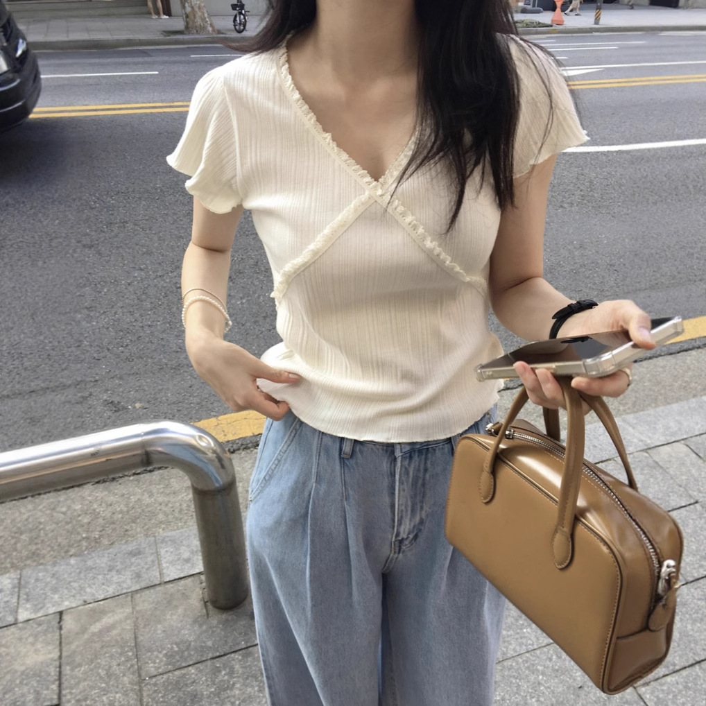 스팟 사이즈 업데이트 한국 치 신상 프렌치 디자인 스플라이스 레이스 스타일 심플 반팔 셔츠