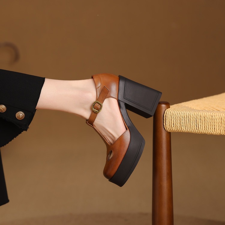 Sandal nữ đế xuồng platform gót vuông phong cách vintage khóa kim loại — màu nâu, màu đen chi tiết 59