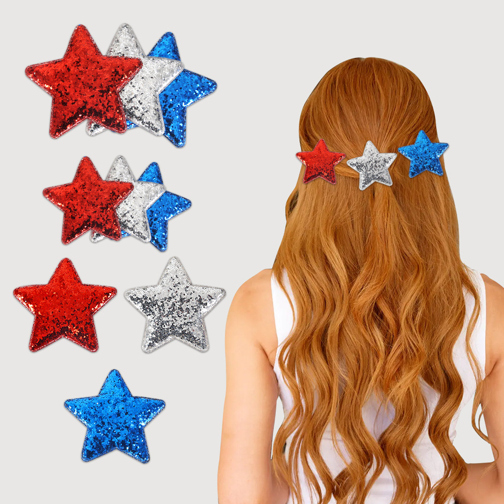 Día de la Independencia de los Estados Unidos pinzas de cabello de pentacos para adultos niños fiesta decoración de estrellas bordes pinzas rojo, plateado, azul sequillas pinzas de boca de pato
