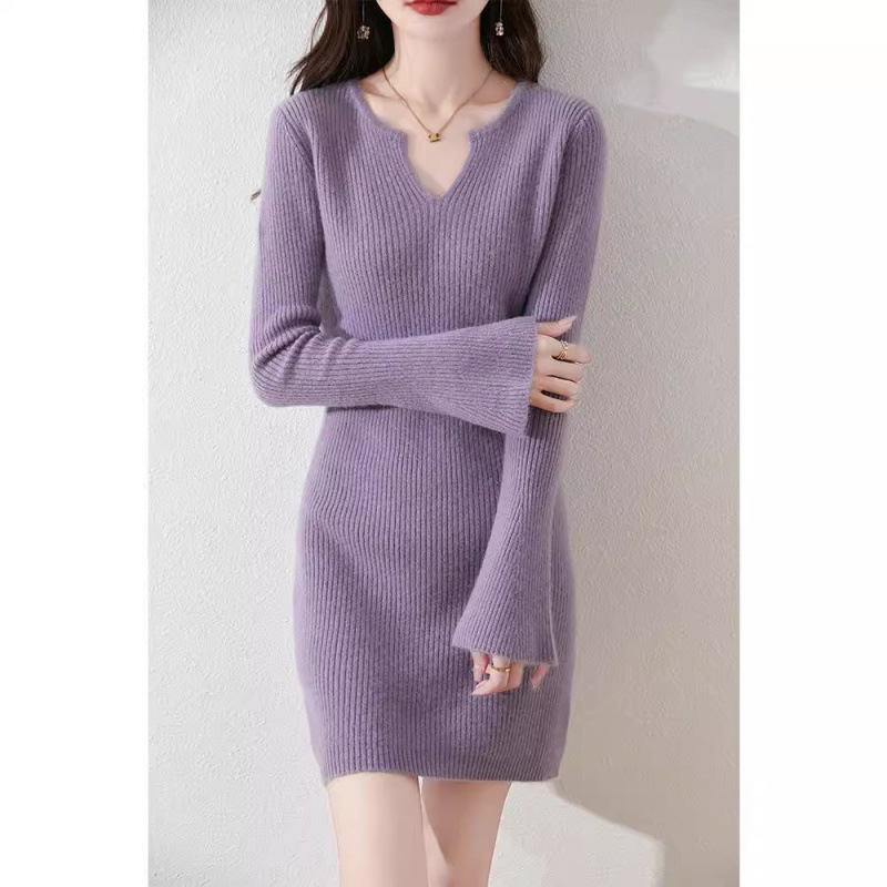 Autumn and Winter New Half-open Collar Wool dress Trumpet Sleeve Slim-fit Hip Knitted Base Skirt Mid-length Sweater Dress