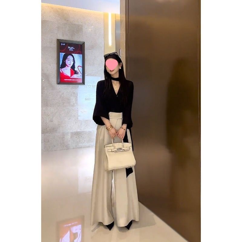 韩系感休闲套装女春季新款飘带衬衫垂感阔腿裤两件套女装|undefined