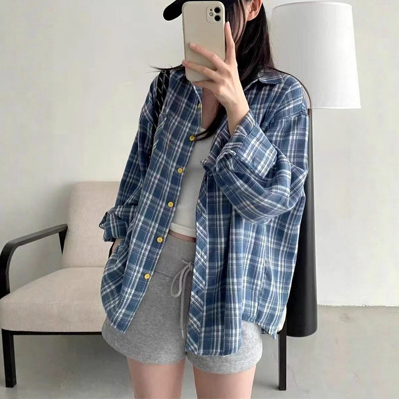 韩系复古蓝色格子衬衫女春秋慵懒风宽松叠穿衬衣长袖防晒上衣外套|undefined