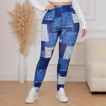 European and American plus-size women's tight denim-style long pants with elasticity, slimming, high-waisted, stretchable and versatile