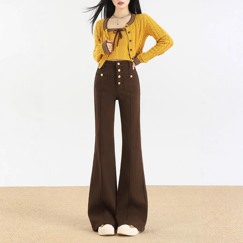 Coffee Flared Fleece-Lined Jeans for Women, Autumn and Winter New High-Waisted Buttoned Fashion Stretchy Micro-Flared Pants Coffee Flared Fleece-Lined Jeans for Women, Autumn and Winter New High-Waisted Buttoned Fashion Stretchy Micro-Flared Pants