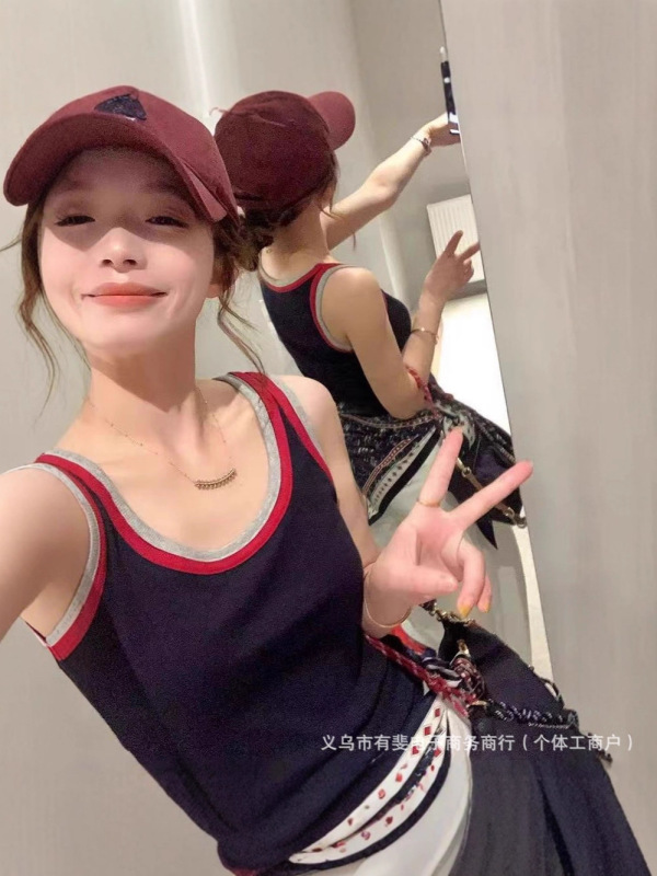 2025款撞色圆领背心389针织吊带小背心女夏外穿短款无袖美背上衣|undefined